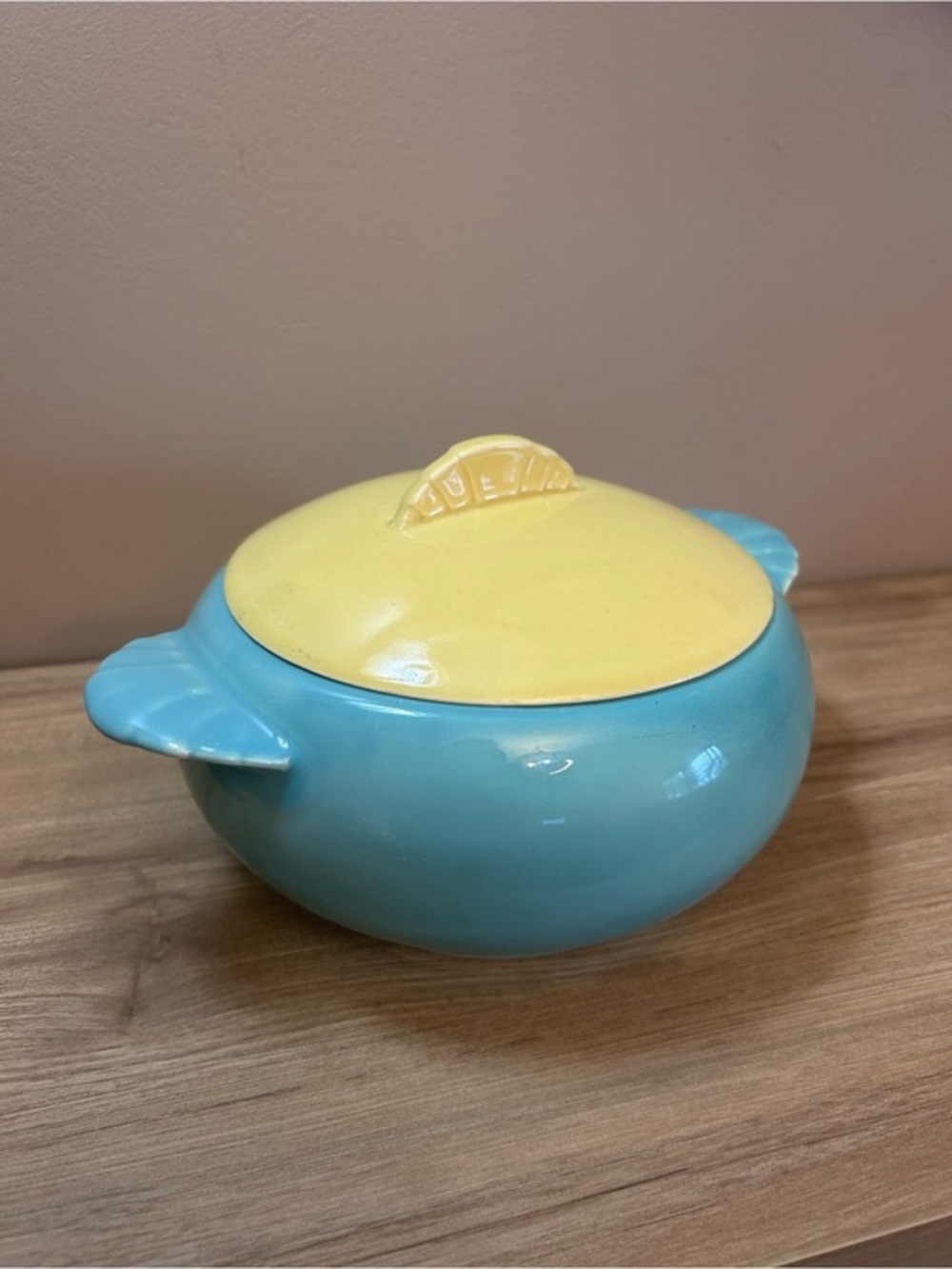Vintage Blue and Yellow Ceramic Covered Casserole Dish mid century art deco